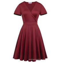 Анна Николе темно-красный с коротким рукавом V-образным вырезом плюс Размер платья качели летнее платье HN0017-1